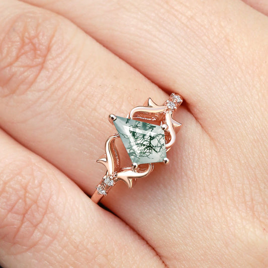 Elegant Kite Cut Moss Agate Engagement Ring - Tendril
