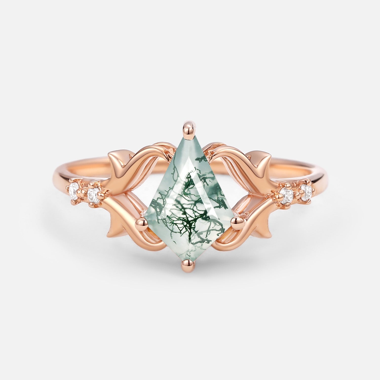 Elegant Kite Cut Moss Agate Engagement Ring - Tendril
