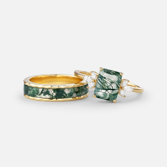 Emerald Cut Moss Agate Yellow Gold Couple Ring Set 2pcs