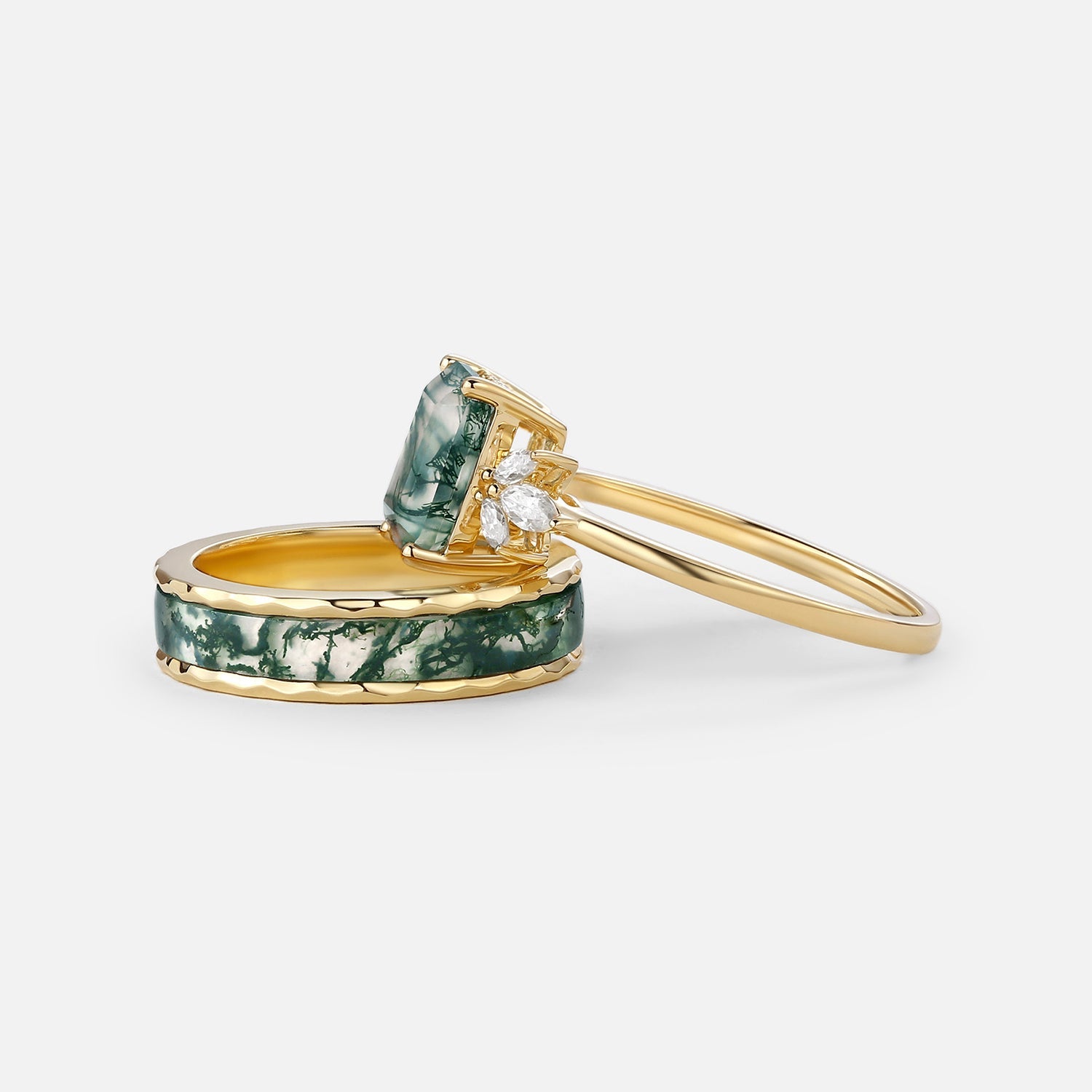 Emerald Cut Moss Agate Yellow Gold Couple Ring Set 2pcs