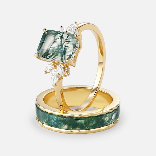 Emerald Cut Moss Agate Yellow Gold Couple Ring Set 2pcs