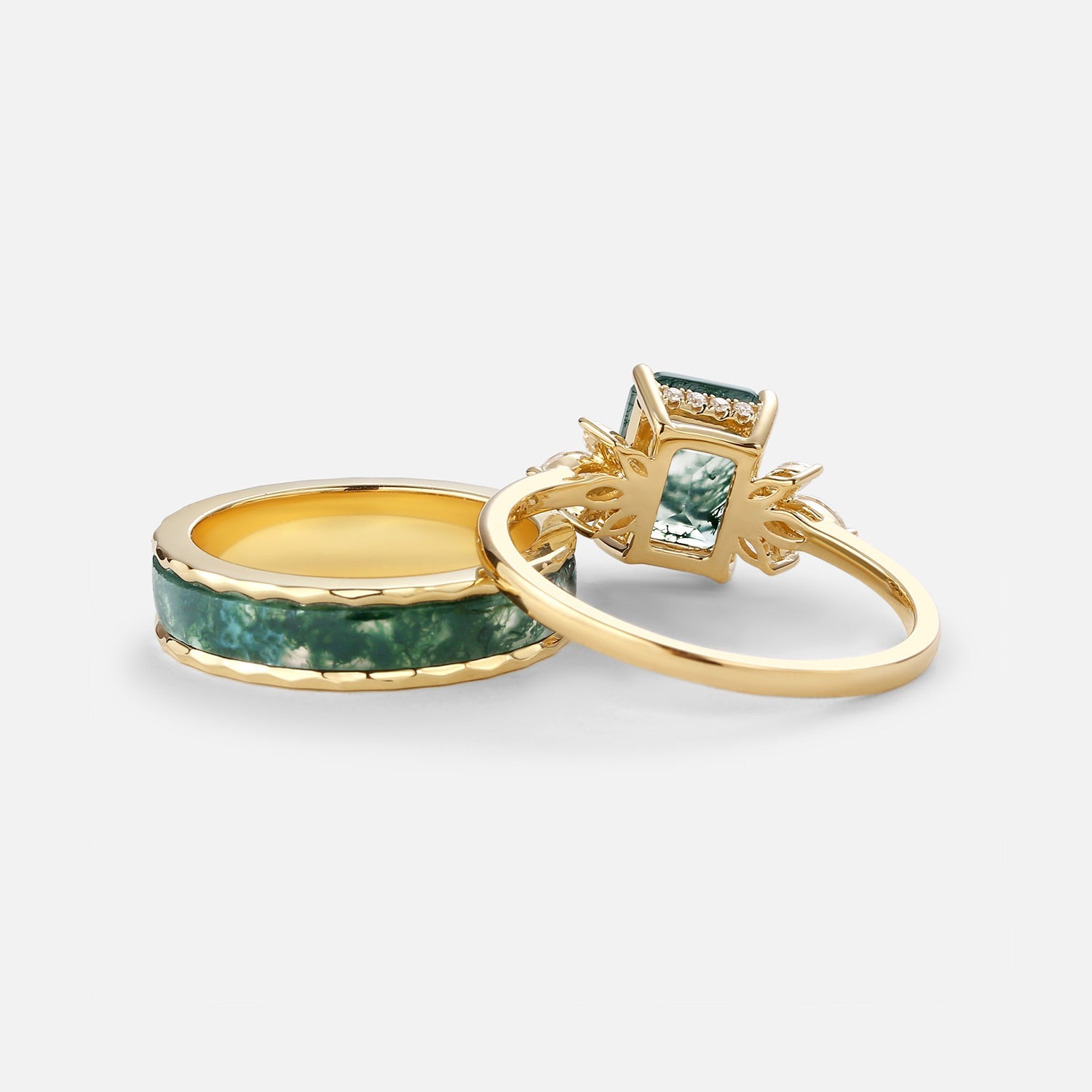 Emerald Cut Moss Agate Yellow Gold Couple Ring Set 2pcs