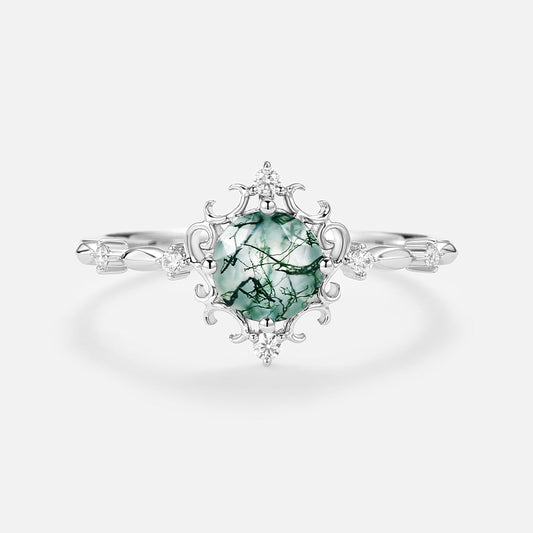 Vintage Round Cut Moss Agate Cluster Engagement Ring