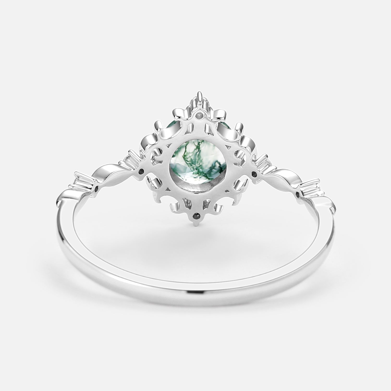 Vintage Round Cut Moss Agate Cluster Engagement Ring