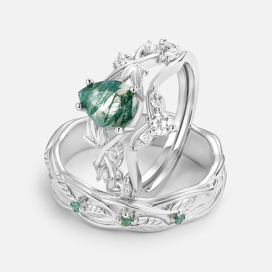 Pear Shaped Moss Agate Three Leaves Couple Ring Set 3pcs