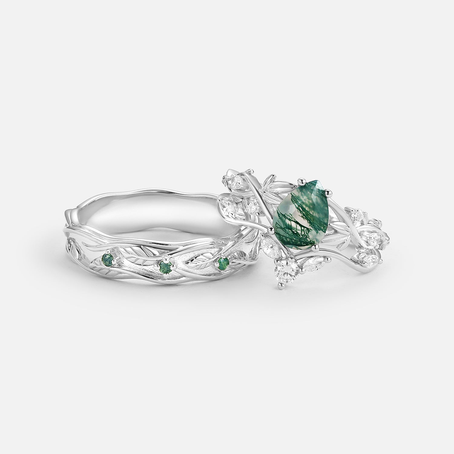 Pear Shaped Moss Agate Three Leaves Couple Ring Set 3pcs