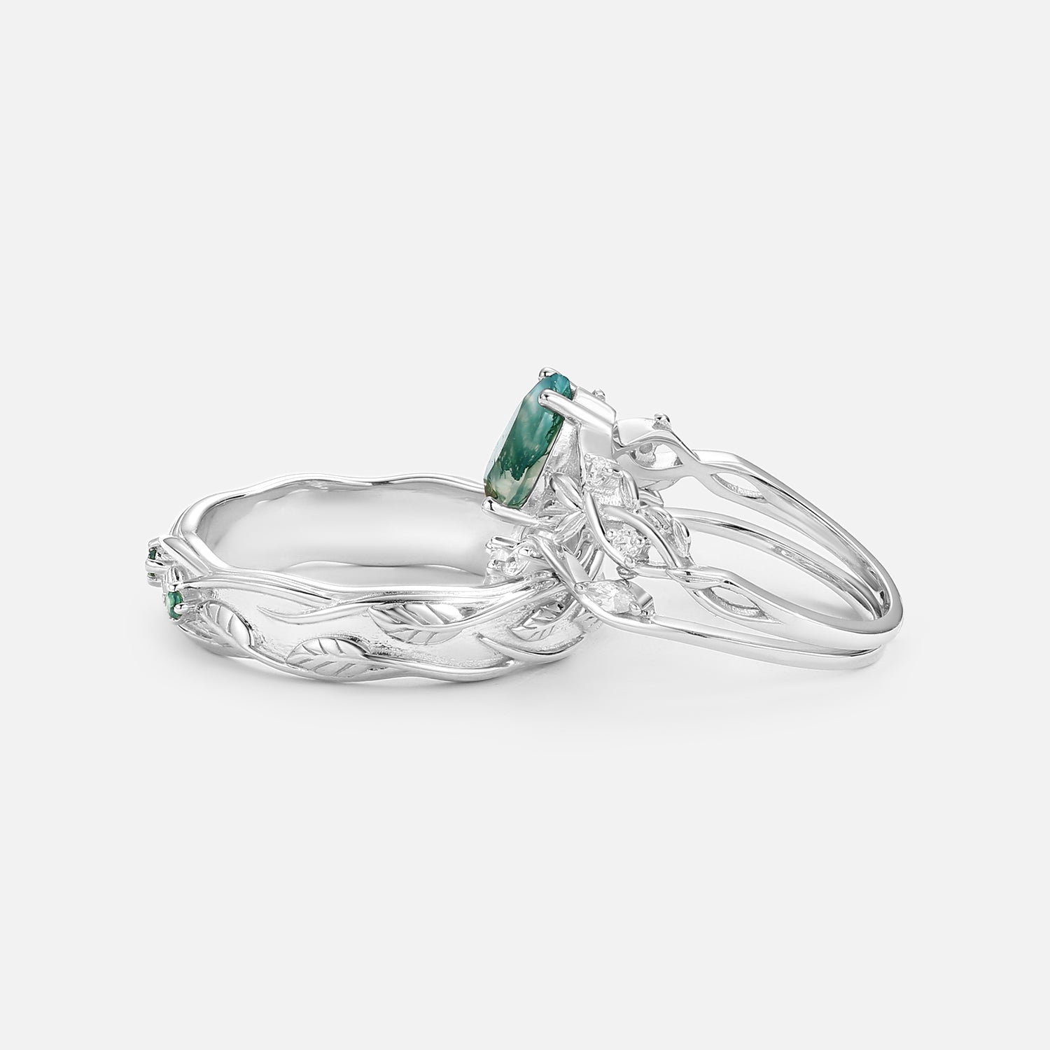 Pear Shaped Moss Agate Three Leaves Couple Ring Set 3pcs