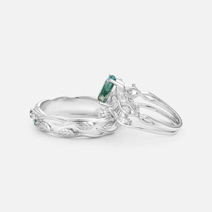 Pear Shaped Moss Agate Three Leaves Couple Ring Set 3pcs