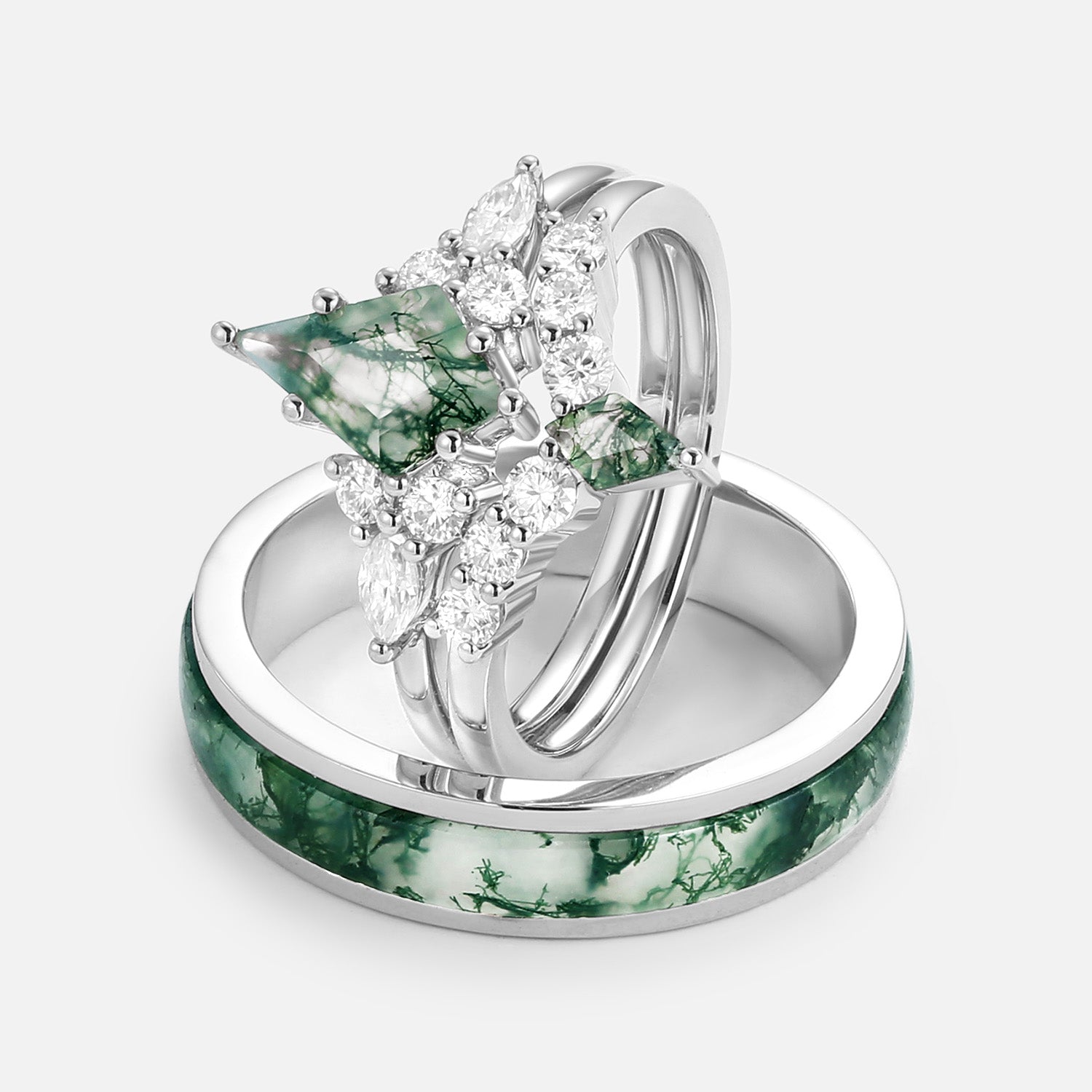 Twin Flames - Kite Cut Unique Moss Agate Engagement Couple Ring Set 3pcs - Zoey