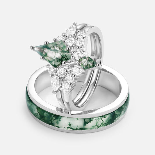 Twin Flames - Kite Cut Unique Moss Agate Engagement Couple Ring Set 3pcs - Zoey