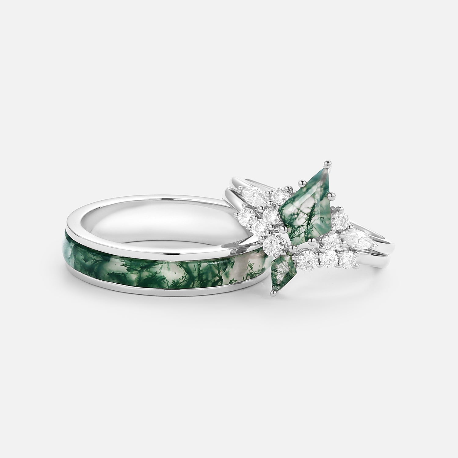 Twin Flames - Kite Cut Unique Moss Agate Engagement Couple Ring Set 3pcs - Zoey