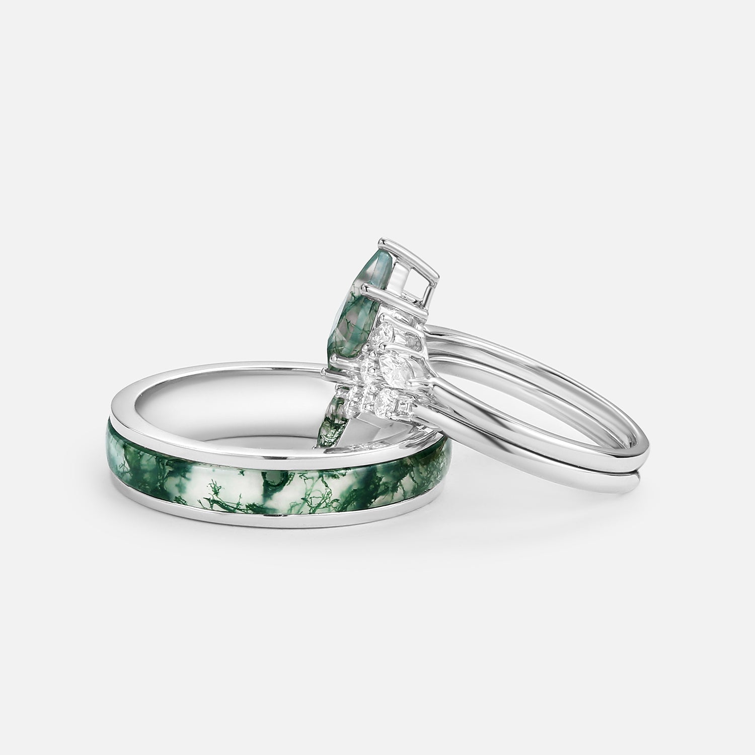 Twin Flames - Kite Cut Unique Moss Agate Engagement Couple Ring Set 3pcs - Zoey