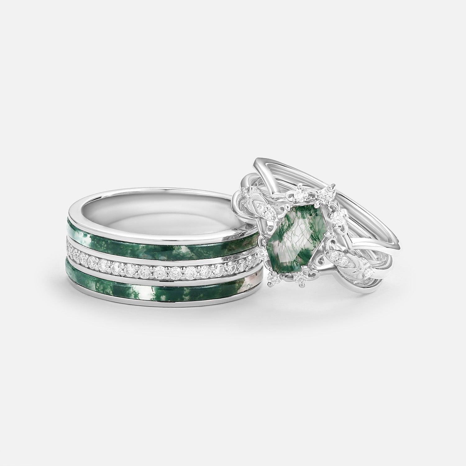 Vintage Long Hexagon Moss Agate Moissanite Cage Couple Ring Set 3pcs