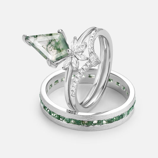 Unique Floral Moss Agate Kite Cut Couple Ring Set 3pcs