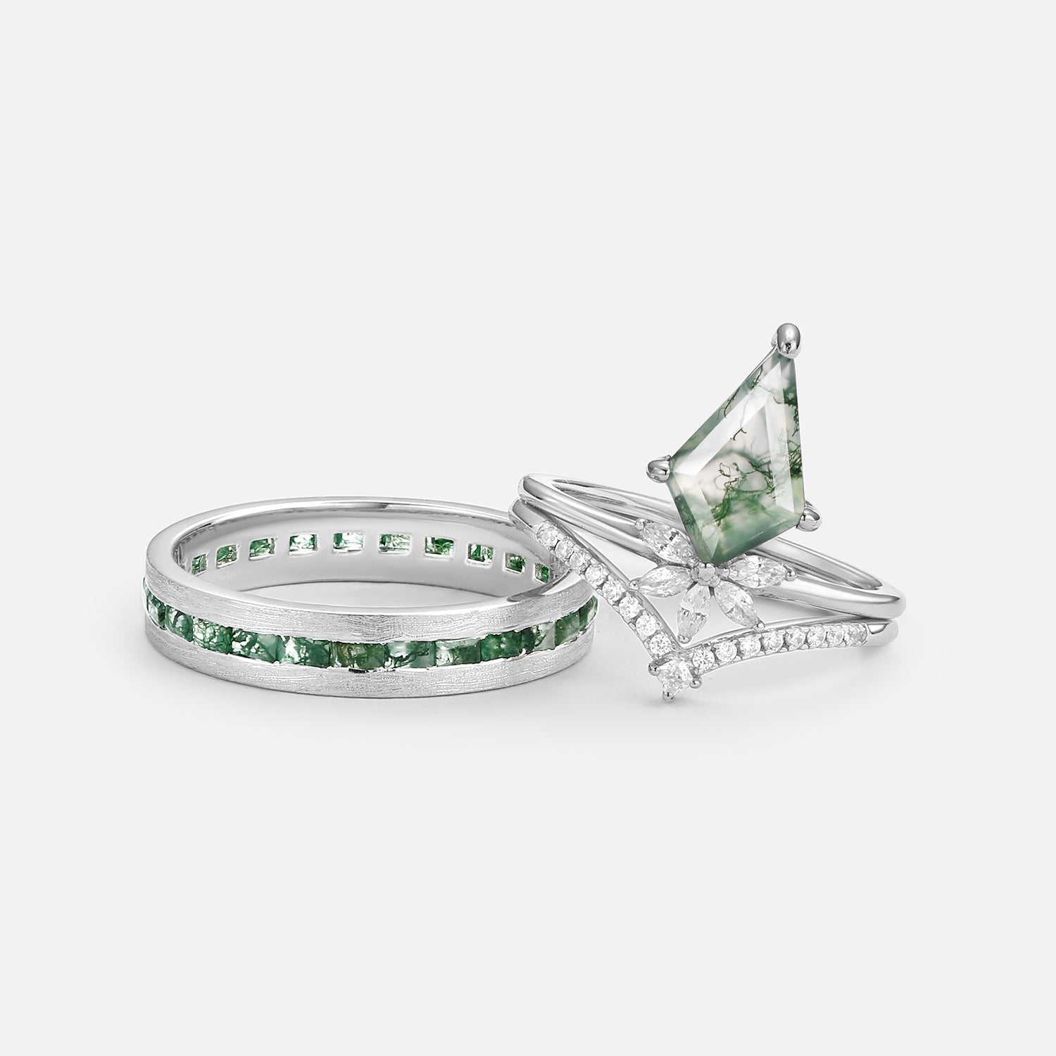 Unique Floral Moss Agate Kite Cut Couple Ring Set 3pcs