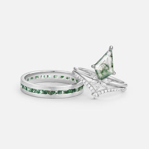 Unique Floral Moss Agate Kite Cut Couple Ring Set 3pcs