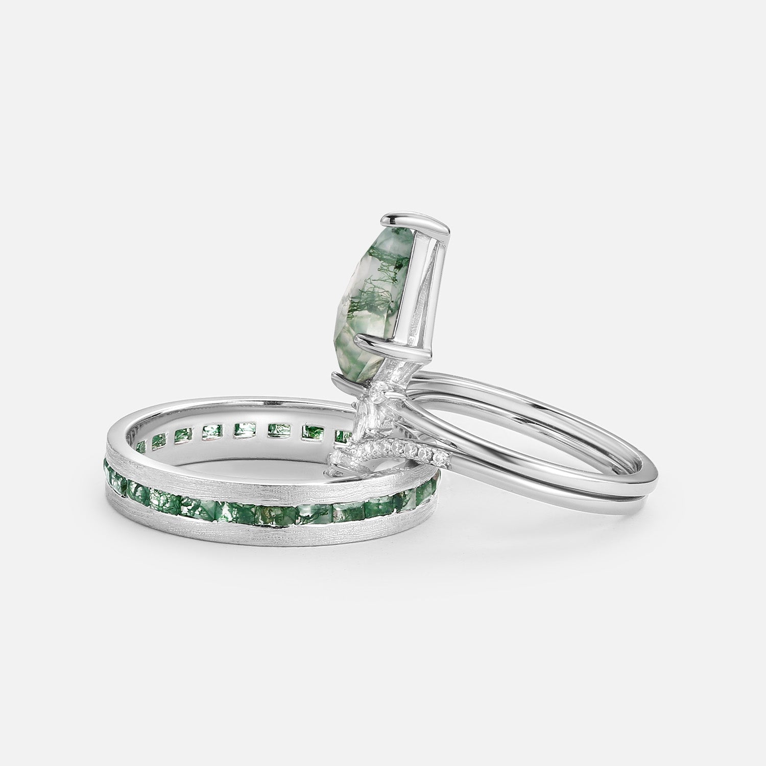 Unique Floral Moss Agate Kite Cut Couple Ring Set 3pcs