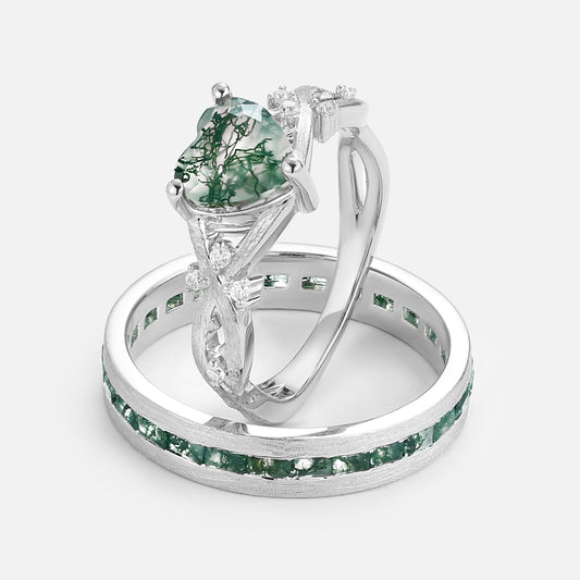 Heart Shape Moss Agate Infinity Couple Ring Set 2pcs