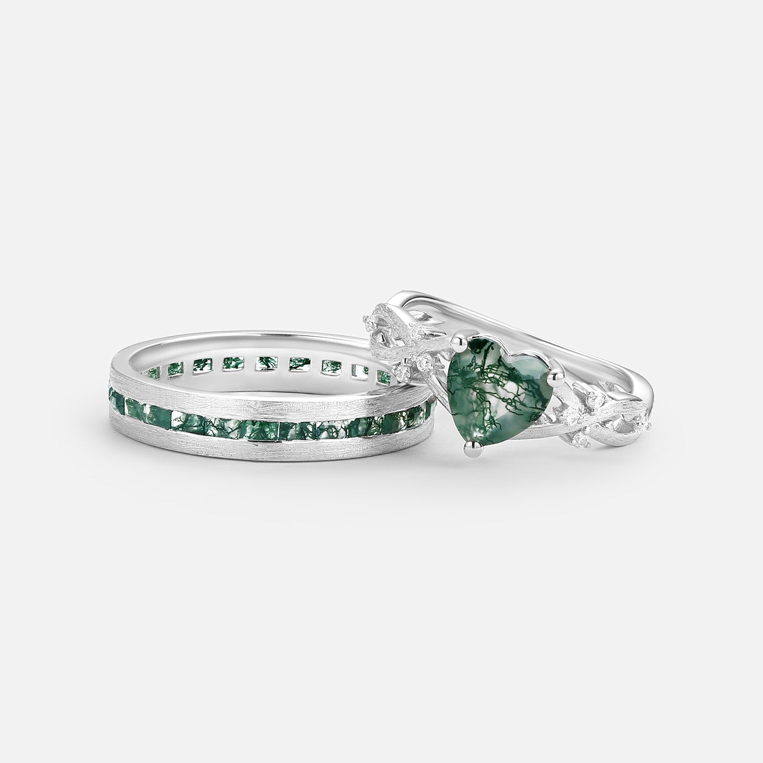 Heart Shape Moss Agate Infinity Couple Ring Set 2pcs