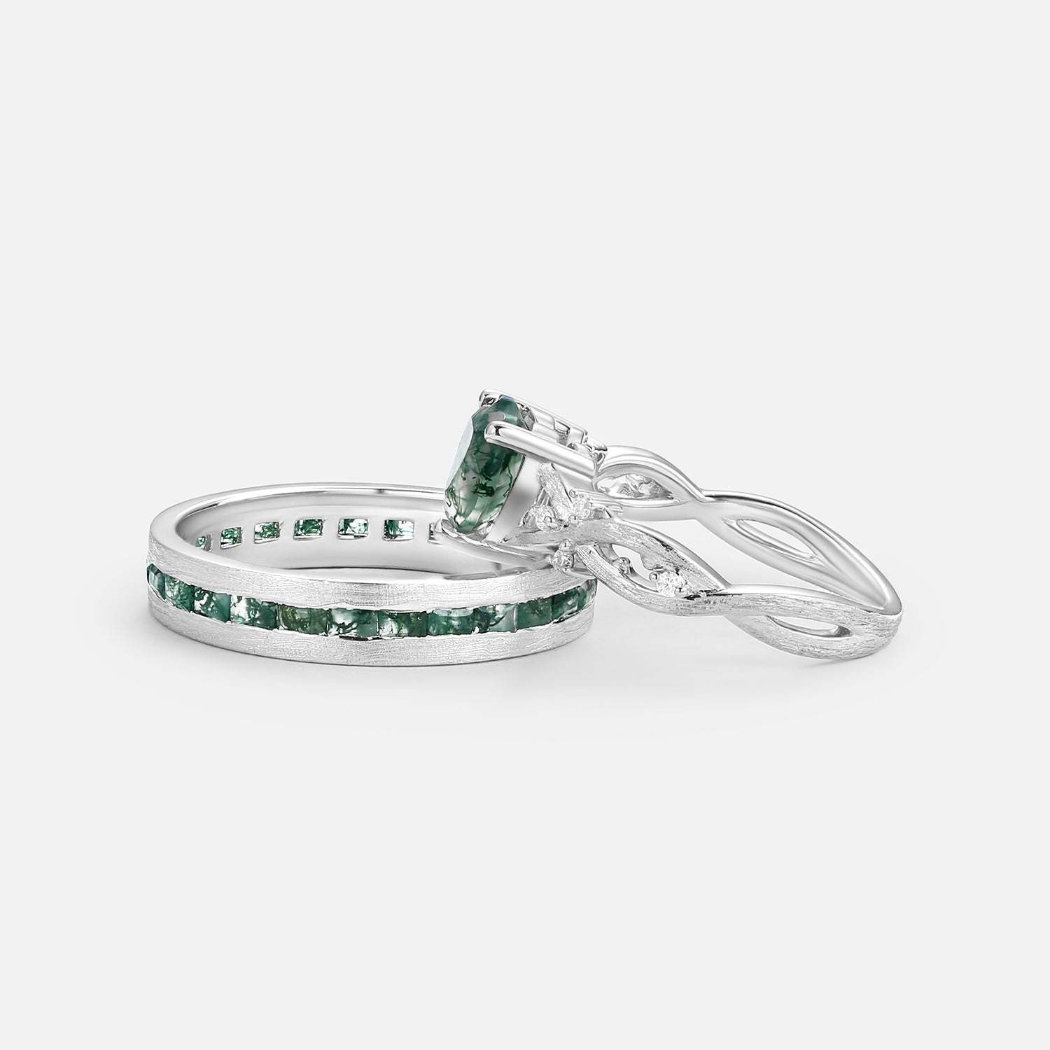 Heart Shape Moss Agate Infinity Couple Ring Set 2pcs