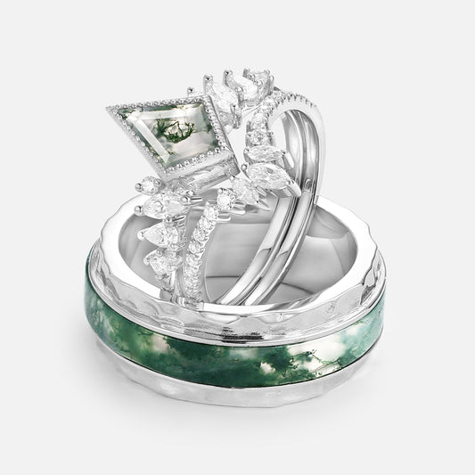 Kite Cut Moss Agate Cluster Engagement Couple Ring Set 3pcs