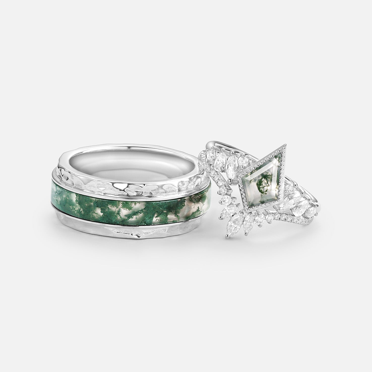 Kite Cut Moss Agate Cluster Engagement Couple Ring Set 3pcs