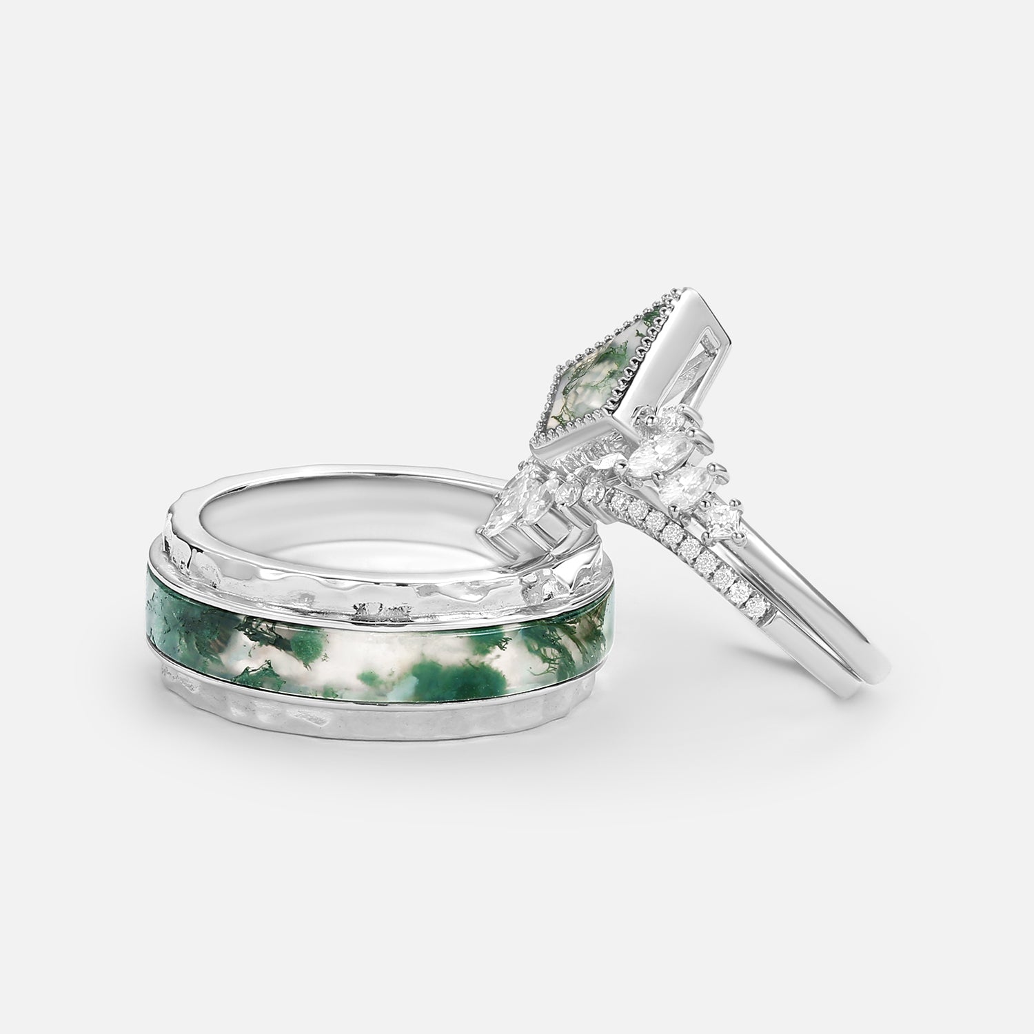 Kite Cut Moss Agate Cluster Engagement Couple Ring Set 3pcs