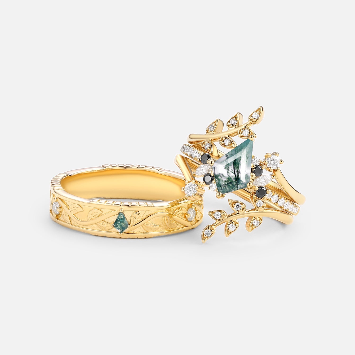 Leafy Kite Cut Moss Agate & Black Moissanite Couple Ring Set 4pcs