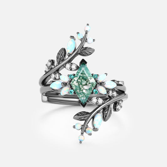 Black Gold Moss Agate & Opal & Emerald Cage Leafy Engagement Ring 2pcs - Knight