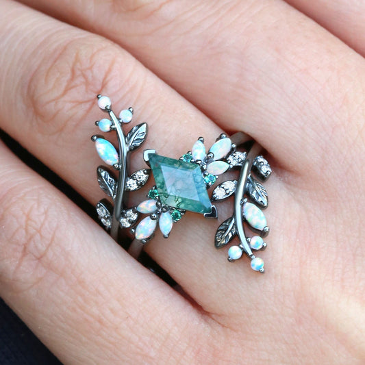 Black Gold Moss Agate & Opal & Emerald Cage Leafy Engagement Ring 2pcs - Knight