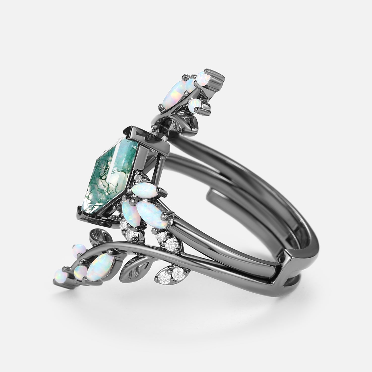 Black Gold Moss Agate & Opal & Emerald Cage Leafy Engagement Ring 2pcs - Knight