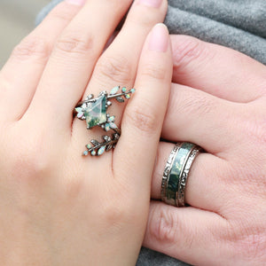 Knight Kite Cut Black Gold Moss Agate & Opal Cage Leafy Couple Ring Set 3pcs