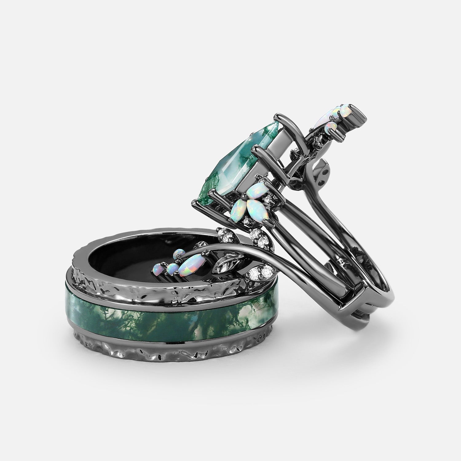 Knight Kite Cut Black Gold Moss Agate & Opal Cage Leafy Couple Ring Set 3pcs
