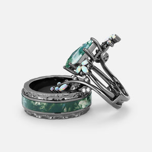 Knight Kite Cut Black Gold Moss Agate & Opal Cage Leafy Couple Ring Set 3pcs