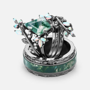 Knight Kite Cut Black Gold Moss Agate & Opal Cage Leafy Couple Ring Set 3pcs