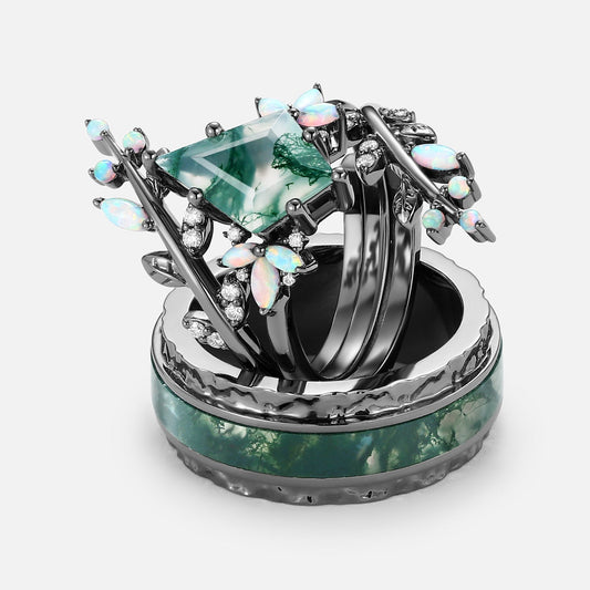 Knight Kite Cut Black Gold Moss Agate & Opal Cage Leafy Couple Ring Set 3pcs