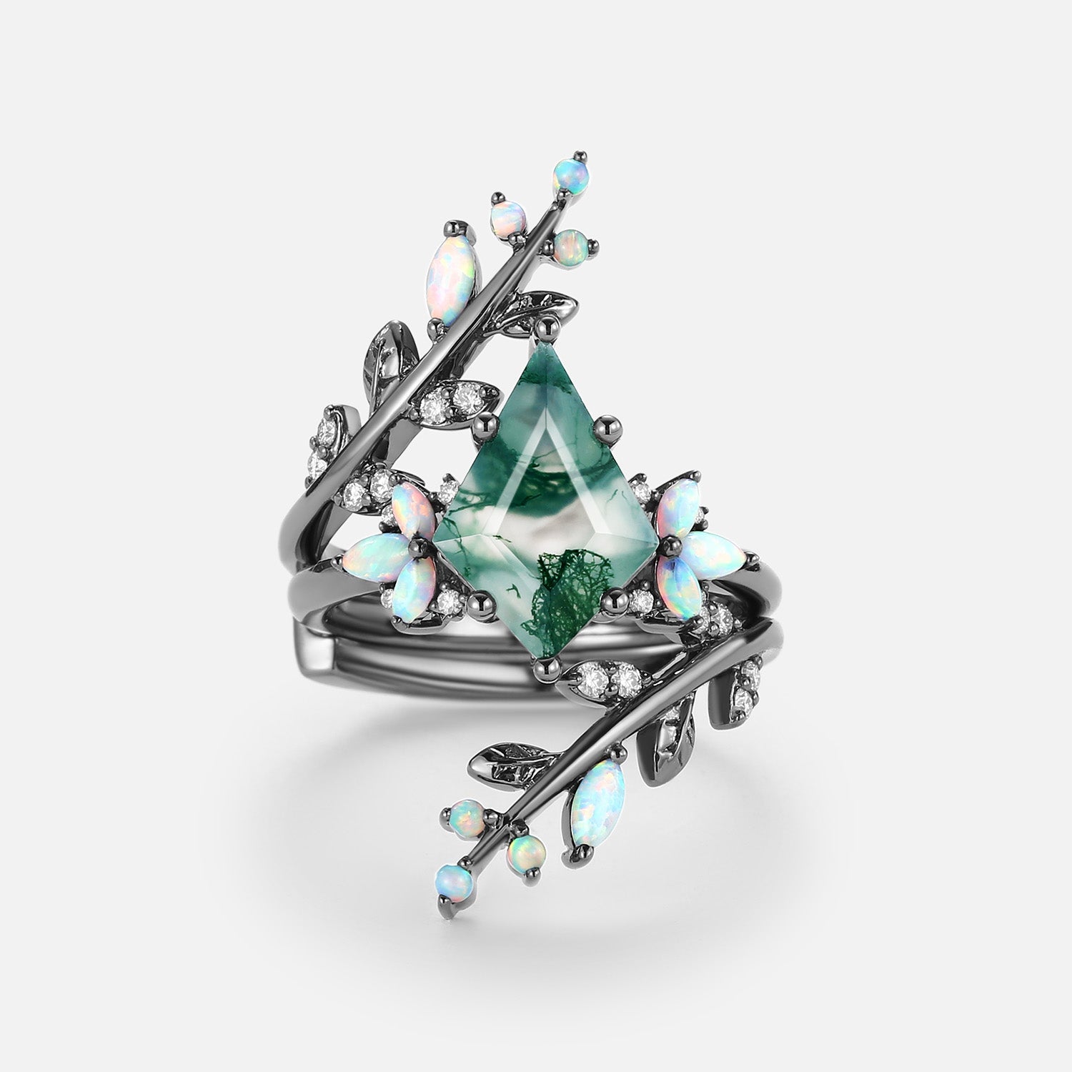 Knight Kite Cut Black Gold Moss Agate & Opal Cage Leafy Engagement Ring 2pcs