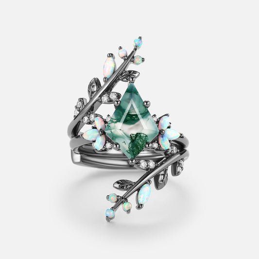 Knight Kite Cut Black Gold Moss Agate & Opal Cage Leafy Engagement Ring 2pcs