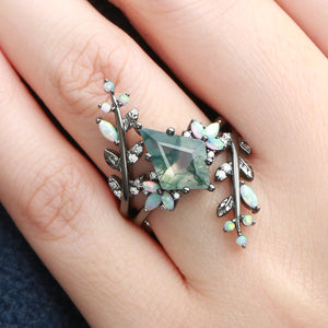 Knight Kite Cut Black Gold Moss Agate & Opal Cage Leafy Engagement Ring 2pcs