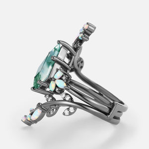 Knight Kite Cut Black Gold Moss Agate & Opal Cage Leafy Engagement Ring 2pcs