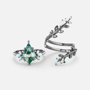 Knight Kite Cut Black Gold Moss Agate & Opal Cage Leafy Engagement Ring 2pcs