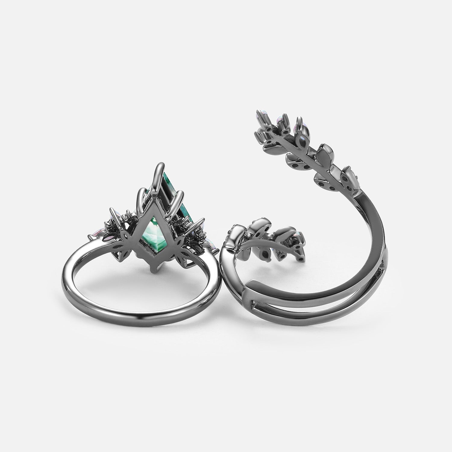 Knight Kite Cut Black Gold Moss Agate & Opal Cage Leafy Engagement Ring 2pcs