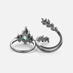 Knight Kite Cut Black Gold Moss Agate & Opal Cage Leafy Engagement Ring 2pcs