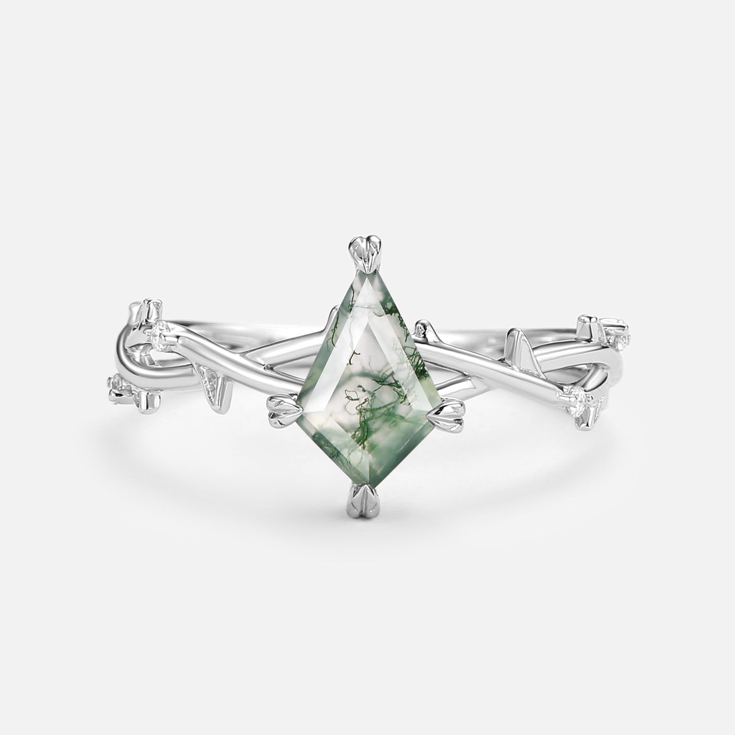 Bramble Minimalist Kite Cut Moss Agate Leafy Engagement Ring