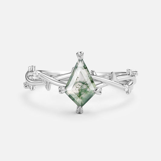 Bramble Minimalist Kite Cut Moss Agate Leafy Engagement Ring