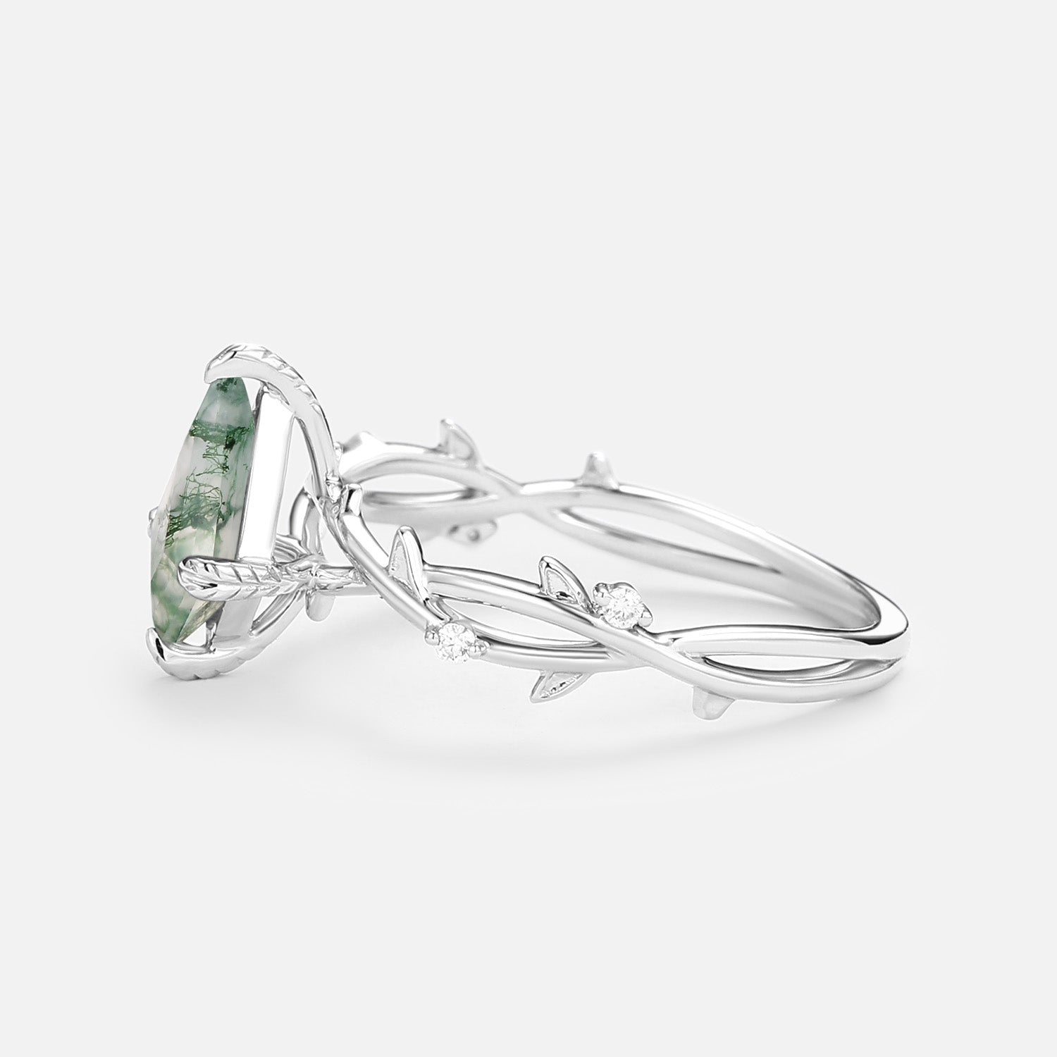 Bramble Minimalist Kite Cut Moss Agate Leafy Engagement Ring