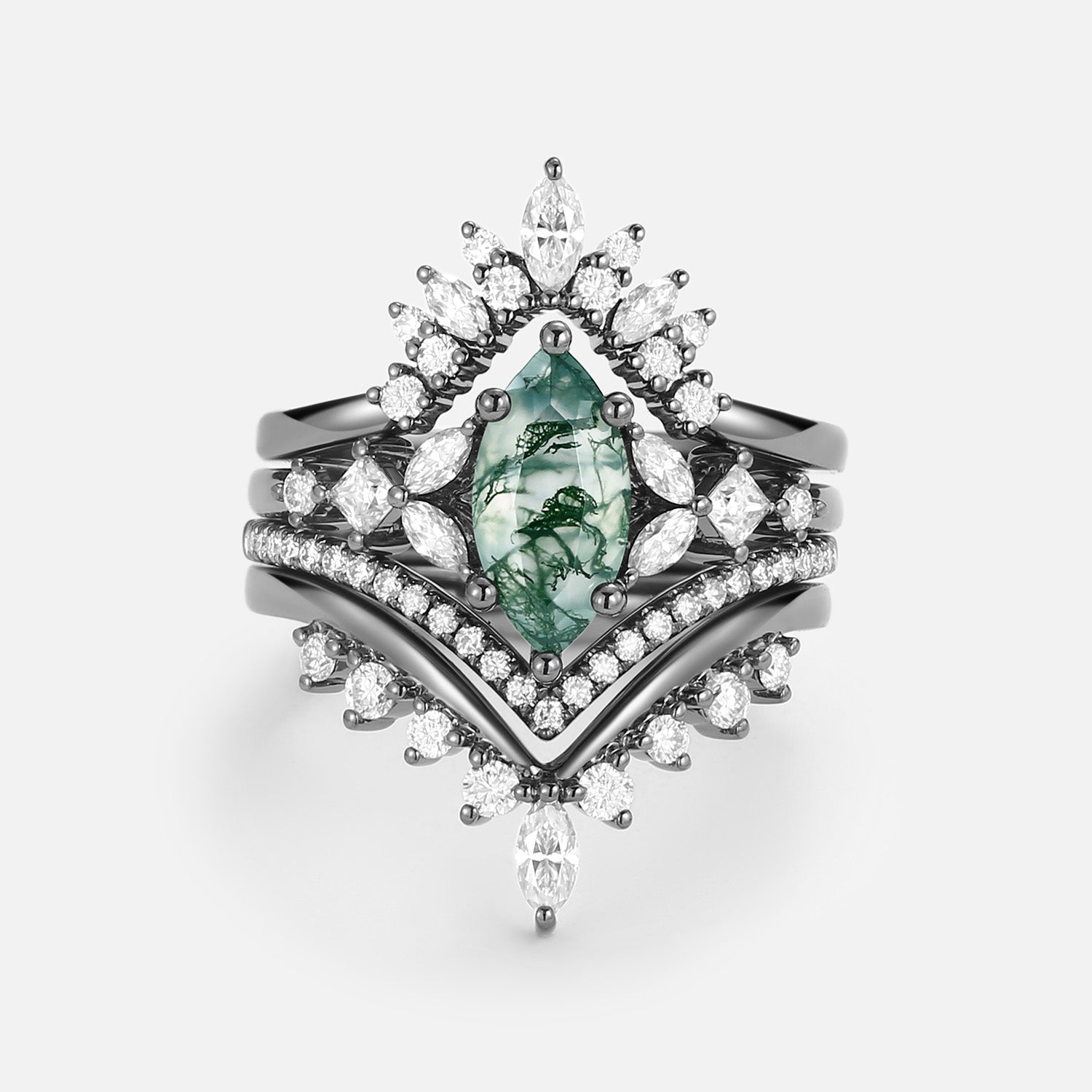 Unique Marquise Moss Agate Engagement Ring Set 4pcs - Amelia