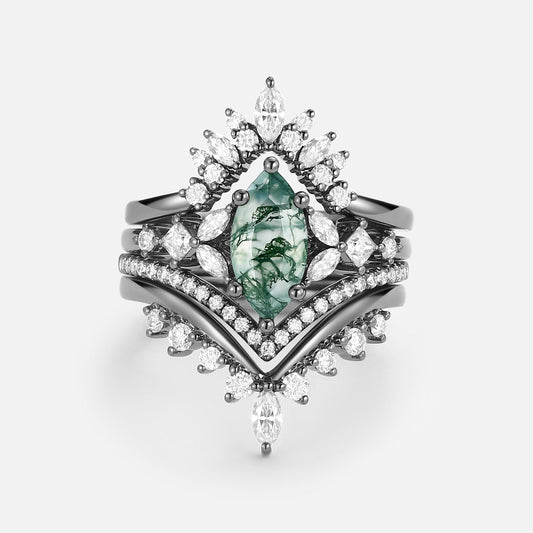 Unique Marquise Moss Agate Engagement Ring Set 4pcs - Amelia