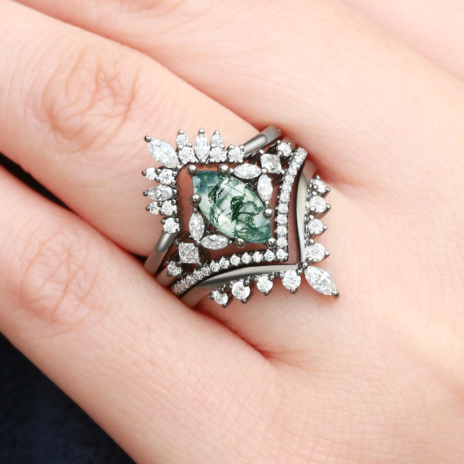 Unique Marquise Moss Agate Engagement Ring Set 4pcs - Amelia