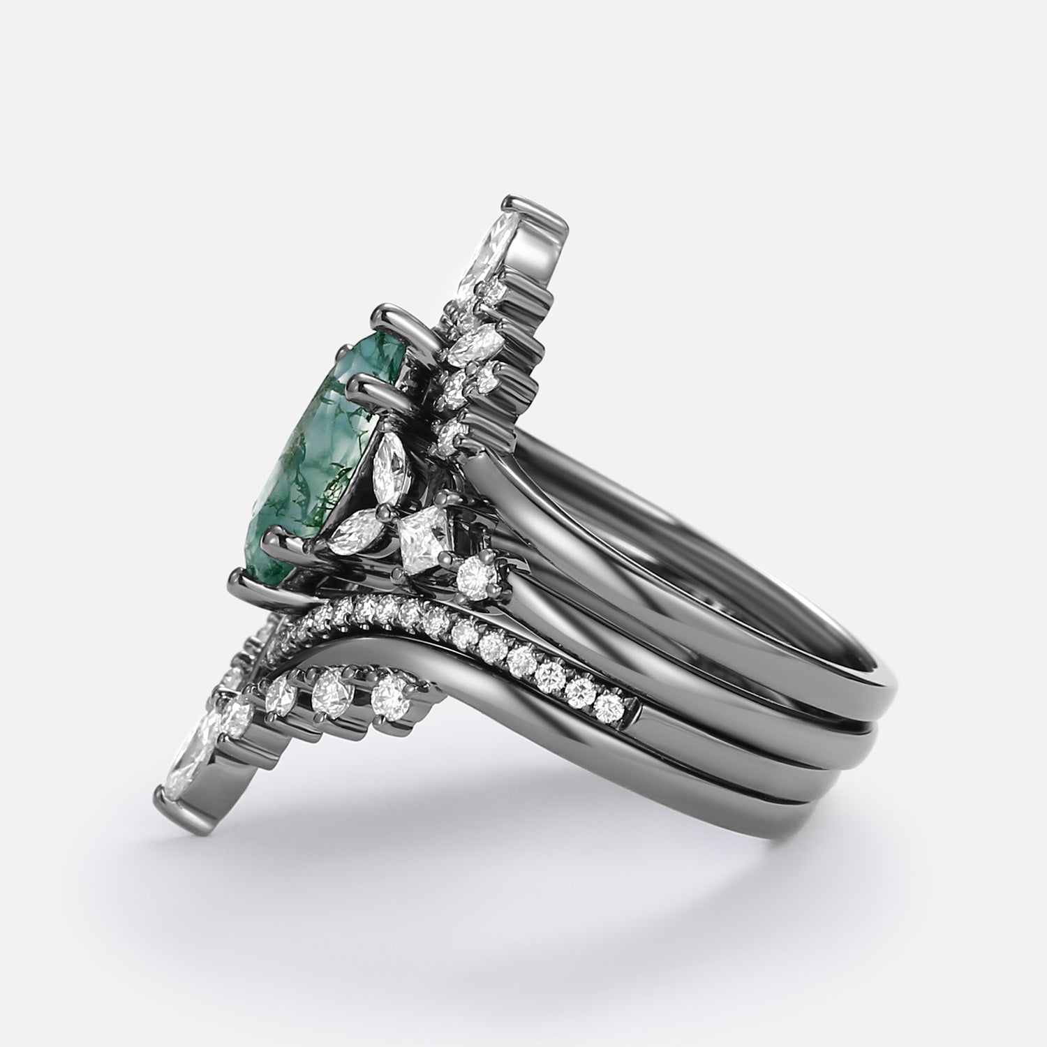 Unique Marquise Moss Agate Engagement Ring Set 4pcs - Amelia
